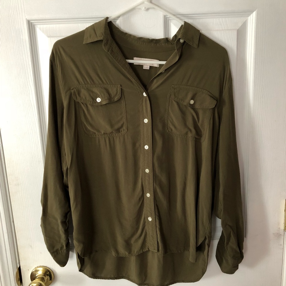 Ann Taylor LOFT: Hunter Green Utility Blouse
